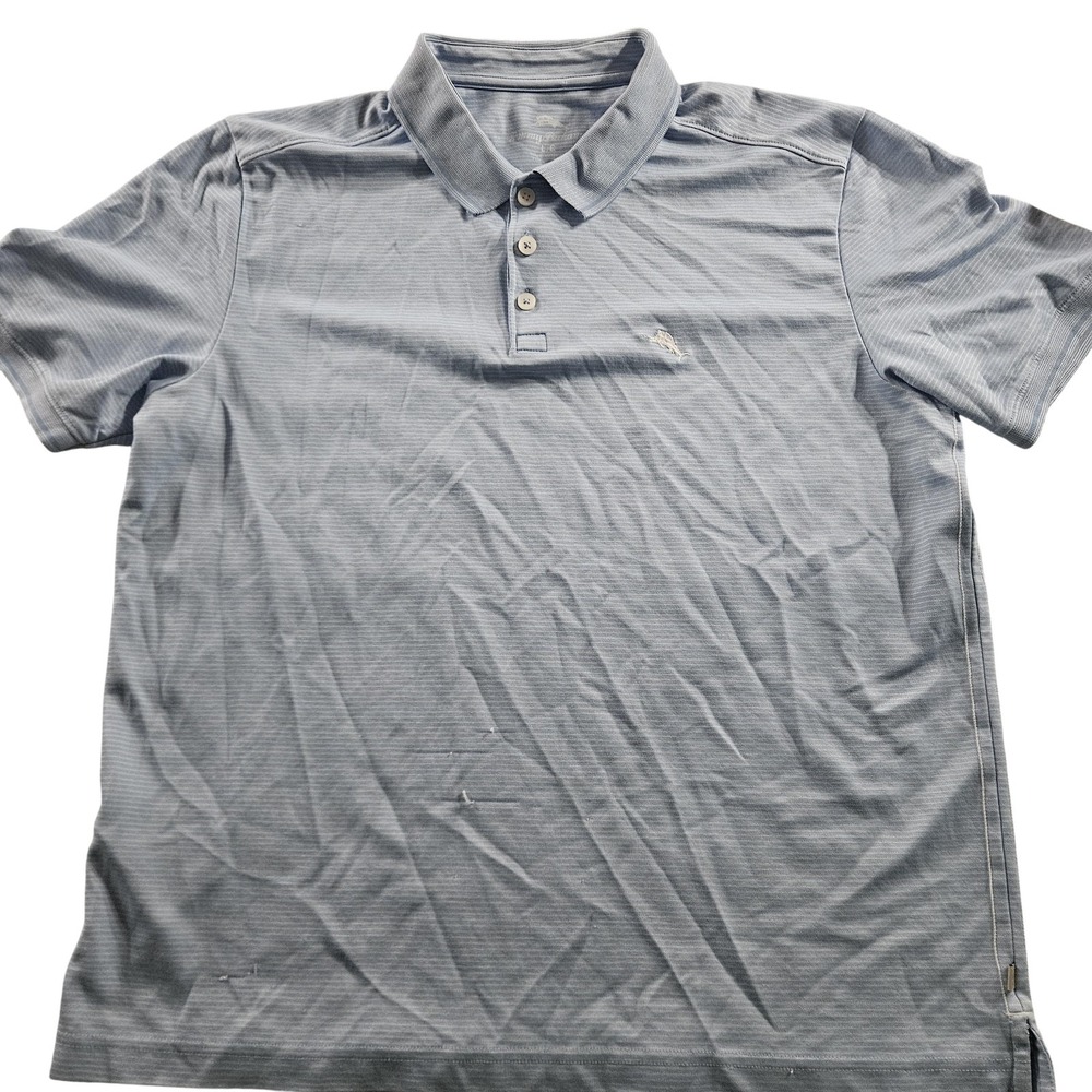 Tommy Bahama Polo Shirt Mens Large Blue Striped Tagless Golf Casual Read‎ Flaws